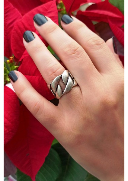 Antik Gümüş Kaplama Kalın Zincir Şekilli El Yapımı Ayarlanabilir Yüzük