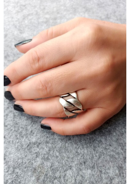 Antik Gümüş Kaplama Kalın Zincir Şekilli El Yapımı Ayarlanabilir Yüzük modelleri