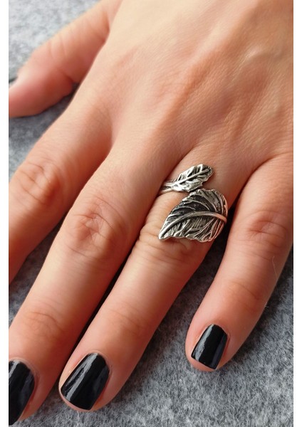 Antik Gümüş Kaplama Yapraklar Şekilli El Yapımı Ayarlanabilir Yüzük