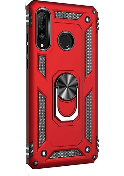 Huawei P30 Lite Kılıf Vega Standlı Yüzüklü Mıknatıslı+Nano Glass Kırmızı