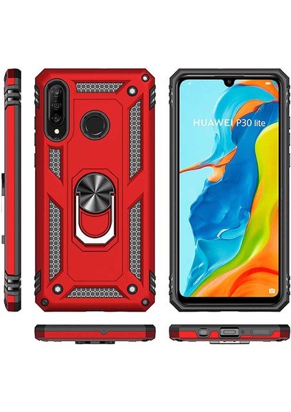Huawei P30 Lite Kılıf Vega Standlı Yüzüklü Mıknatıslı+Nano Glass Kırmızı fırsatları
