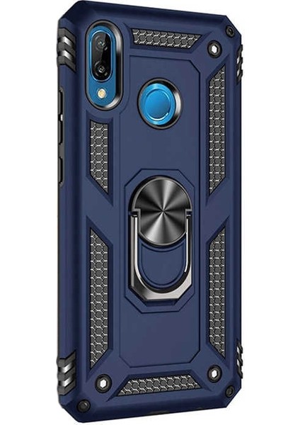 Huawei P20 Lite Kılıf Vega Standlı Yüzüklü Mıknatıslı+Nano Glass Lacivert