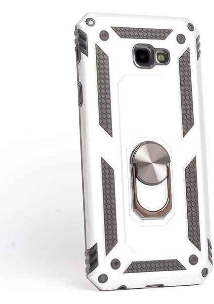 Samsung Galaxy J4 Plus Kılıf Vega Yüzüklü Mıknatıslı+Nano Glass Gümüş