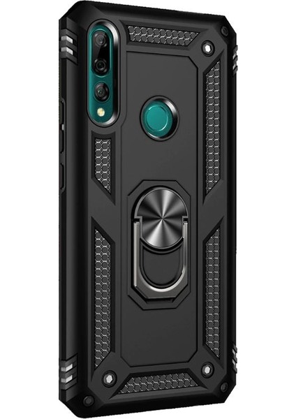Huawei Y9 Prime 2019 Kılıf Vega Standlı Yüzüklü Mıknatıslı+Nano Glass Siyah