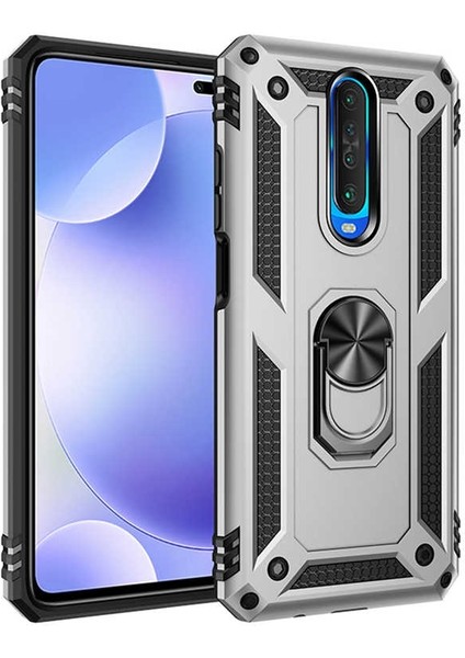 Xiaomi Poco X2 Kılıf Vega Standlı Yüzüklü Mıknatıslı+Nano Glass Gümüş