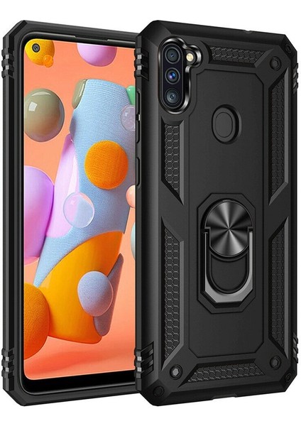 Samsung Galaxy M11 Kılıf Vega Standlı Yüzüklü Mıknatıslı+Nano Glass Siyah