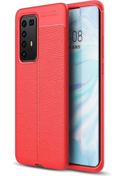 Huawei P40 Pro Kılıf Niss Deri Görünümlü Silikon+Full Ekran Koruyucu Kırmızı