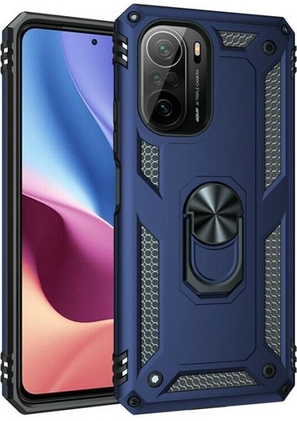 Xiaomi Poco F3 Kılıf Vega Tank Koruma Standlı Yüzüklü Mıknatıslı Lacivert
