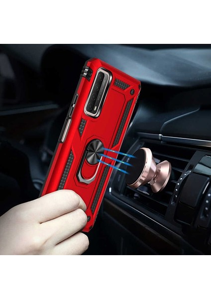 Huawei P Smart 2021 Kılıf Tank Koruma Vega Standlı Yüzüklü Mıknatıslı+Nano Glass Lacivert modelleri