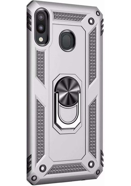 Samsung Galaxy A20 Kılıf Vega Standlı Yüzüklü Mıknatıslı+Nano Glass Gümüş