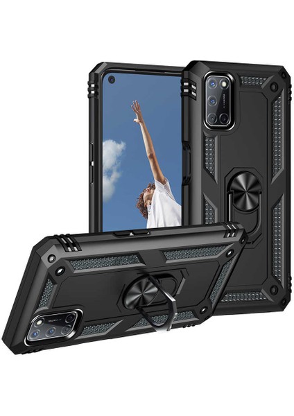 Oppo A92 Kılıf Vega Tank Standlı Yüzüklü Mıknatıslı+Nano Glass Bronz modelleri