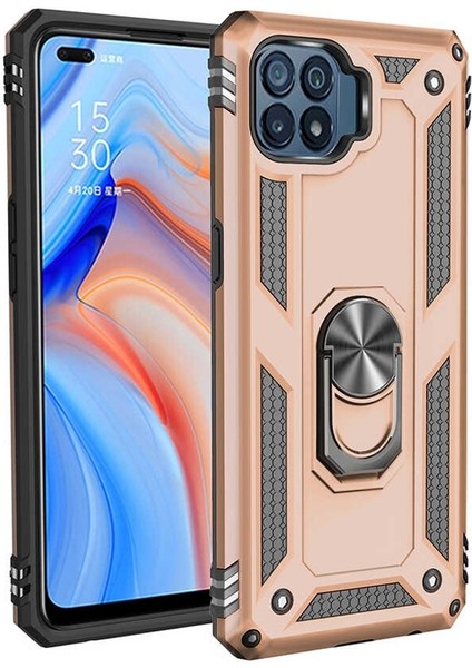 Oppo Reno 4 Lite Kılıf Vega Tank Koruma Standlı Yüzüklü Mıknatıslı+Nano Glass Gold