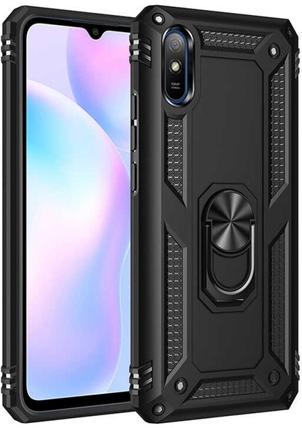 Xiaomi Redmi 9A Kılıf Tank Koruma Vega Standlı Yüzüklü Mıknatıslı Siyah