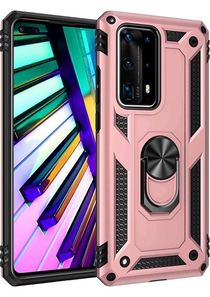 Huawei P40 Pro Kılıf Tank Koruma Vega Standlı Yüzüklü Mıknatıslı Bronz