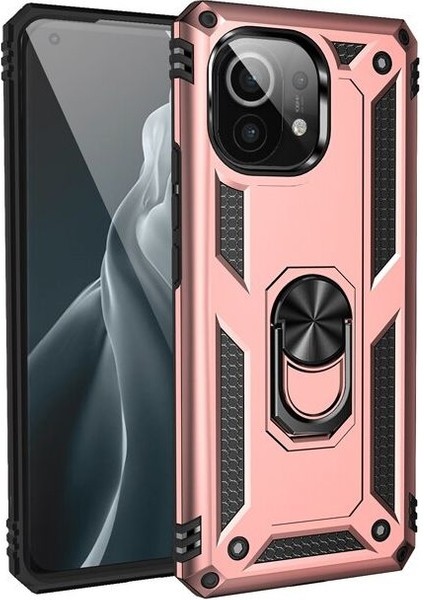 Xiaomi Mi 11 Lite Kılıf Vega Tank Standlı Yüzüklü Mıknatıslı+Nano Glass Bronz