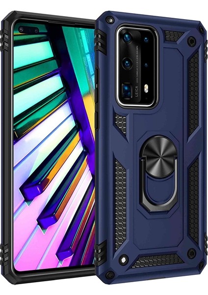 Huawei P40 Pro Kılıf Vega Standlı Yüzüklü Mıknatıslı+Full Ekran Koruyucu Lacivert