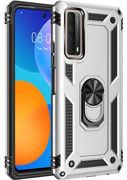 Huawei P Smart 2021 Kılıf Tank Koruma Vega Standlı Yüzüklü Mıknatıslı+Nano Glass Gümüş