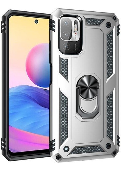 Xiaomi Redmi Note 10 5g Kılıf Vega Tank Standlı Yüzüklü Mıknatıslı+Nano Glass Gümüş