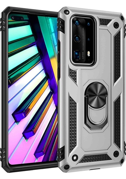 Huawei P40 Pro Kılıf Tank Koruma Vega Standlı Yüzüklü Mıknatıslı Gümüş