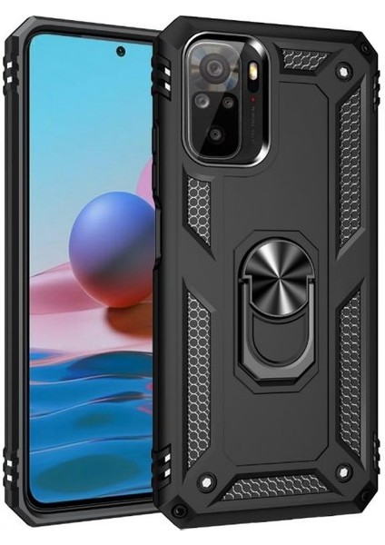 Xiaomi Redmi Note 10 Kılıf Vega Tank Koruma Standlı Yüzüklü Mıknatıslı+Nano Glass Siyah