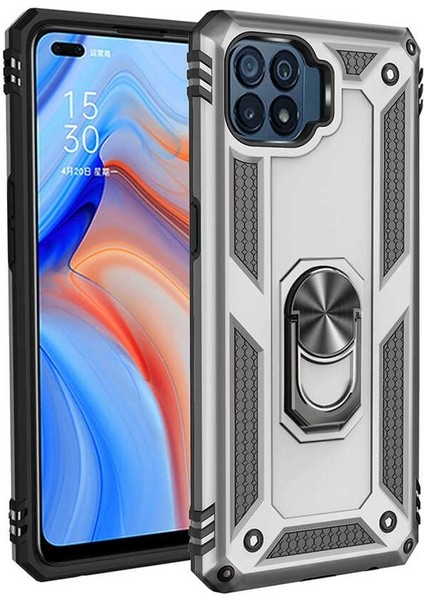 Oppo Reno 4 Lite Kılıf Vega Tank Koruma Standlı Yüzüklü Mıknatıslı+Nano Glass Gümüş