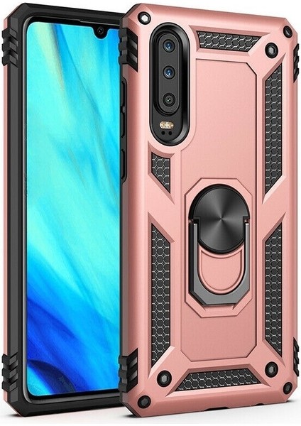 Huawei P Smart Pro 2019 Kılıf Tank Koruma Vega Standlı Yüzüklü Mıknatıslı Bronz