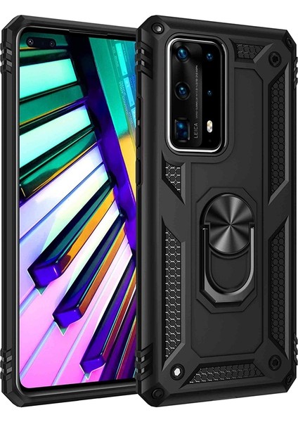 Huawei P40 Pro Kılıf Tank Koruma Vega Standlı Yüzüklü Mıknatıslı Siyah