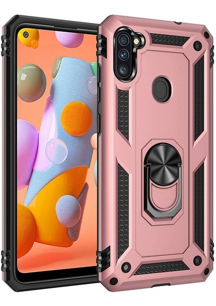 Samsung Galaxy M11 Kılıf Tank Koruma Vega Standlı Yüzüklü Mıknatıslı Bronz