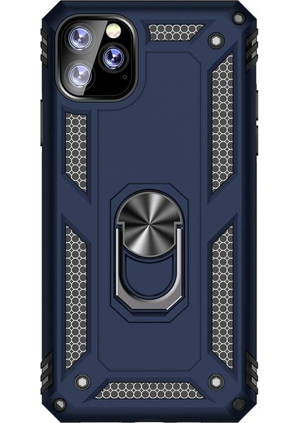 Apple iPhone 11 Pro Max Kılıf Vega Standlı Yüzüklü Mıknatıslı+Nano Glass Lacivert
