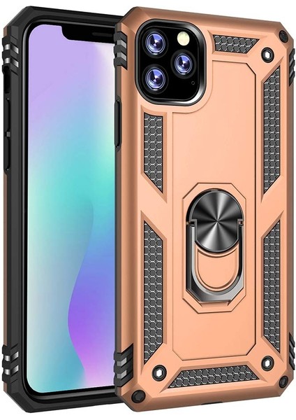 Apple iPhone 11 Pro Max Kılıf Vega Standlı Yüzüklü Mıknatıslı+Nano Glass Lacivert