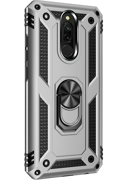 Xiaomi Redmi 8 Kılıf Vega Standlı Yüzüklü Mıknatıslı+Nano Glass Gümüş