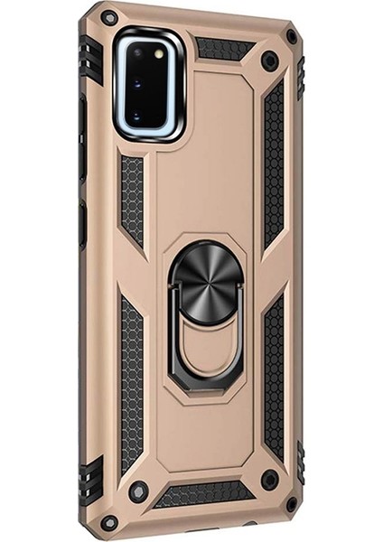 Samsung Galaxy S20 Kılıf Tank Koruma Vega Standlı Yüzüklü Mıknatıslı Gold