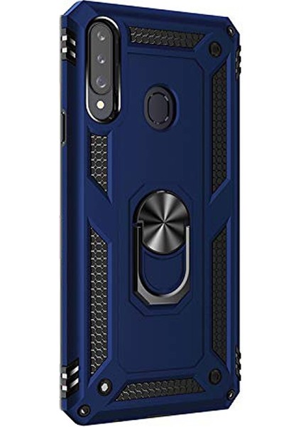 Samsung Galaxy A20S Kılıf Vega Standlı Yüzüklü Mıknatıslı+Nano Glass Lacivert