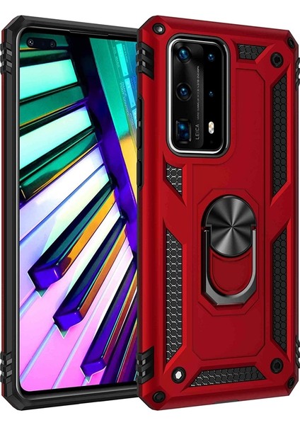 Huawei P40 Pro Kılıf Vega Standlı Yüzüklü Mıknatıslı+Full Ekran Koruyucu Kırmızı