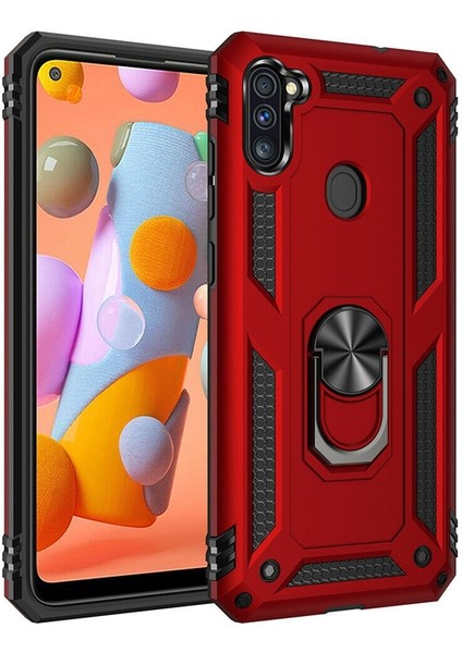 Samsung Galaxy M11 Kılıf Tank Koruma Vega Standlı Yüzüklü Mıknatıslı Kırmızı