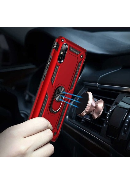 Xiaomi Redmi 9c Kılıf Tank Koruma Vega Standlı Yüzüklü Mıknatıslı+Nano Glass Gümüş