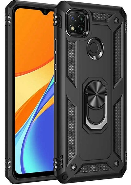 Xiaomi Redmi 9c Kılıf Tank Koruma Vega Standlı Yüzüklü Mıknatıslı+Nano Glass Siyah