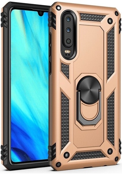 Huawei P Smart Pro 2019 Kılıf Tank Koruma Vega Standlı Yüzüklü Mıknatıslı Gold