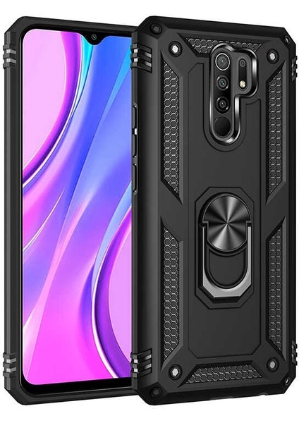 Xiaomi Redmi 9 Kılıf Tank Koruma Vega Standlı Yüzüklü Mıknatıslı+Nano Glass Siyah