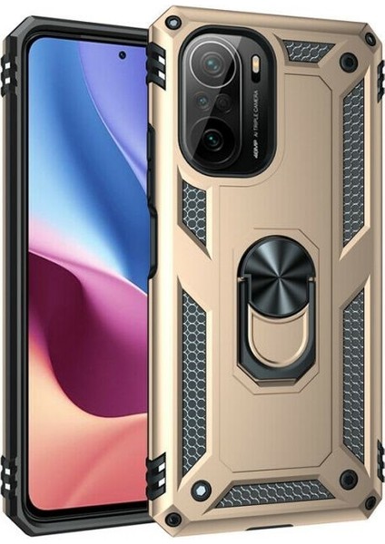 Xiaomi Poco F3 Kılıf Vega Tank Koruma Standlı Yüzüklü Mıknatıslı+Nano Glass Gold