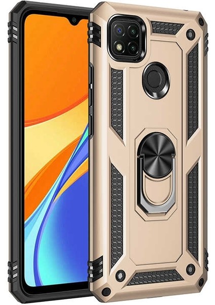 Xiaomi Redmi 9c Kılıf Tank Koruma Vega Standlı Yüzüklü Mıknatıslı Gold