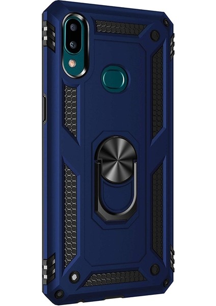 Samsung Galaxy A10S Kılıf Vega Standlı Yüzüklü Mıknatıslı+Nano Glass Lacivert