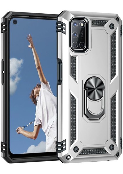 Oppo A52 Kılıf Vega Tank Standlı Yüzüklü Mıknatıslı+Nano Glass Gümüş