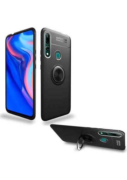 Huawei Y9 Prime 2019 Kılıf Ravel Yüzüklü Mıknatıslı Silikon+Nano Glass Siyah