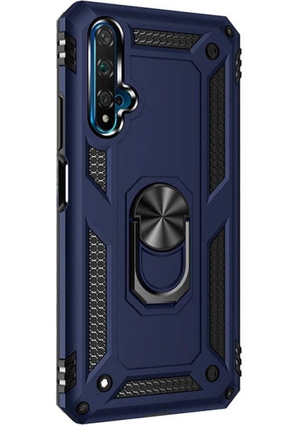 Huawei Nova 5t Kılıf Vega Standlı Yüzüklü Mıknatıslı+Nano Glass Lacivert
