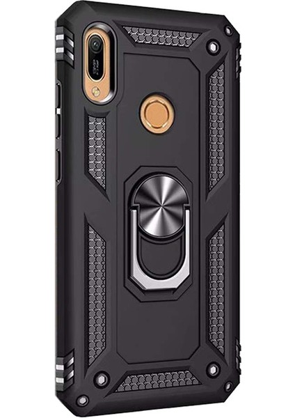 Huawei Honor 8A Kılıf Vega Standlı Yüzüklü Mıknatıslı+Nano Glass Siyah