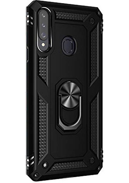 Samsung Galaxy A20S Kılıf Vega Standlı Yüzüklü Mıknatıslı+Nano Glass Siyah