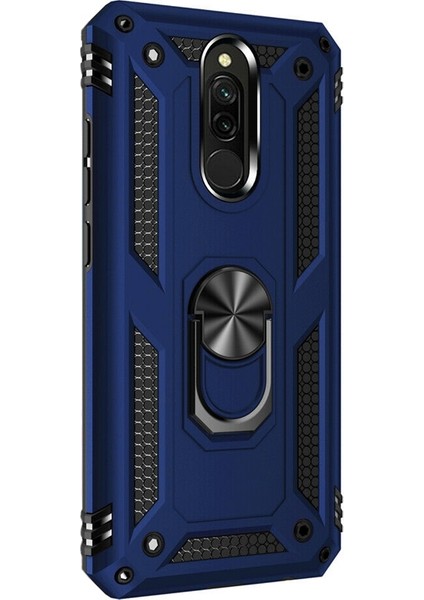 Xiaomi Redmi 8 Kılıf Vega Standlı Yüzüklü Mıknatıslı+Nano Glass Lacivert