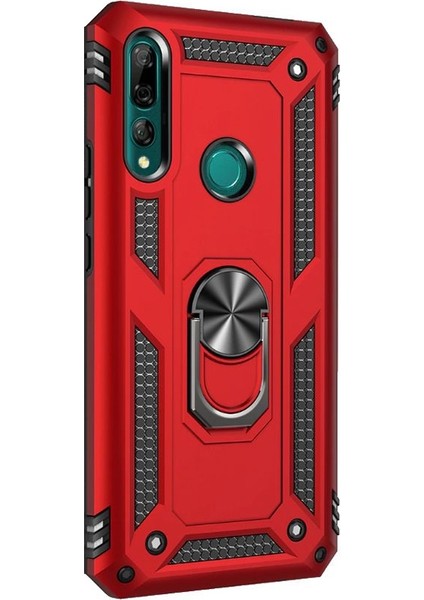 Huawei P Smart Z Kılıf Vega Standlı Yüzüklü Mıknatıslı+Nano Glass Kırmızı