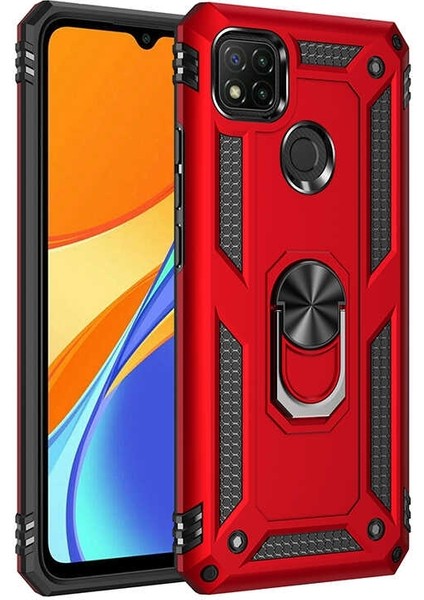 Xiaomi Redmi 9c Kılıf Tank Koruma Vega Standlı Yüzüklü Mıknatıslı+Nano Glass Kırmızı